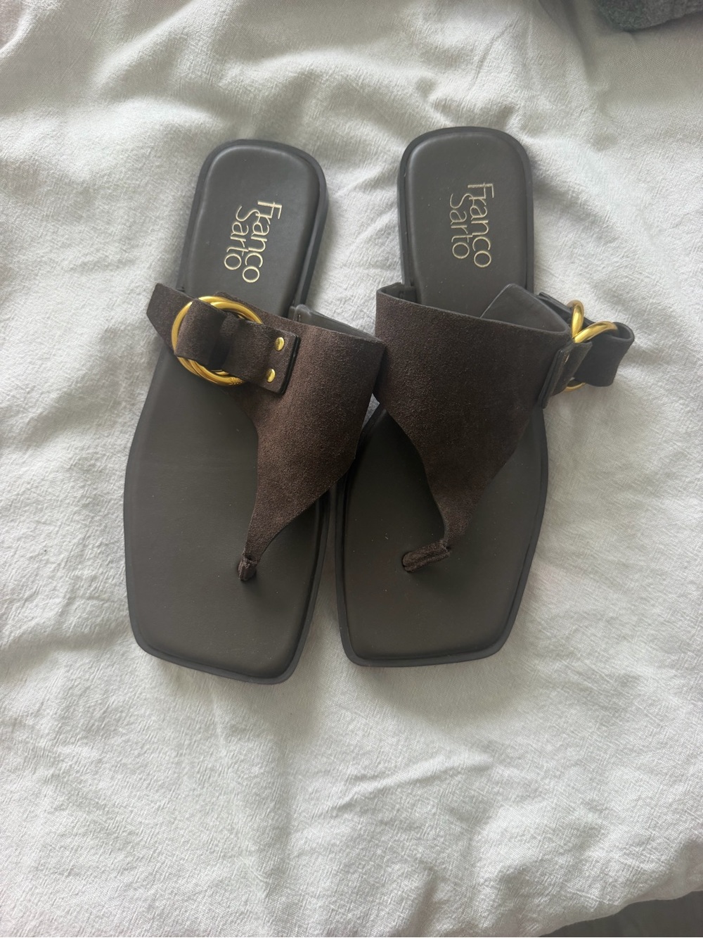 Franco Sarto Dark Brown Suede Toe-Loop Sandals with Gold Buckle Accent